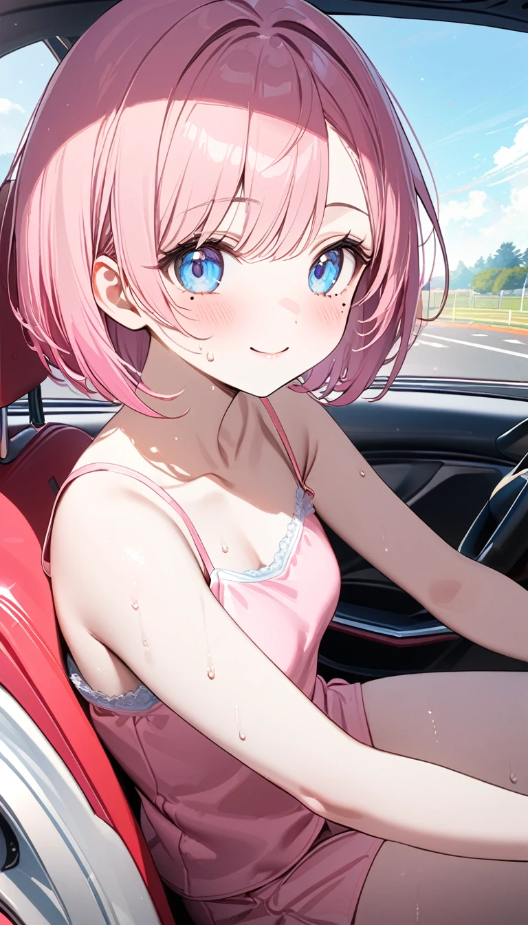 (1 girl),(Best Picture Quality, 8K, Masterpiece:1.3), (high school student:1.5), ((pink lob hair:1.1)), (bob cut),(swept bangs), (cute eyes, pupil black, iris skyblue, youthful face), (mole under right eye), (standard weight), (small breasts), (glistening skin:1.1),(pale skin:1.2),((camisole, hot pants)),(Smile),(sweat),((Ride a pink car)),((magnificent view:1.3)),