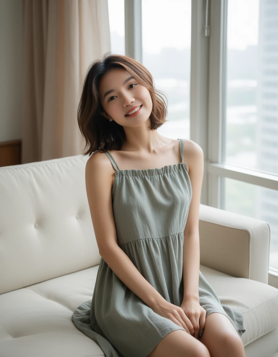 Japanese young woman, (Lovely), (Natural Lighting),
(Upper Body),(), (Dynamic Angle),
Sundress,
indoor, Transparent curtains, Linen Sofa, luxury accessories,
Long Bob hairstyle,boom