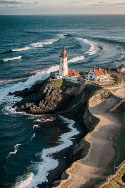 Create a photo: landscape with seashore and lighthouse