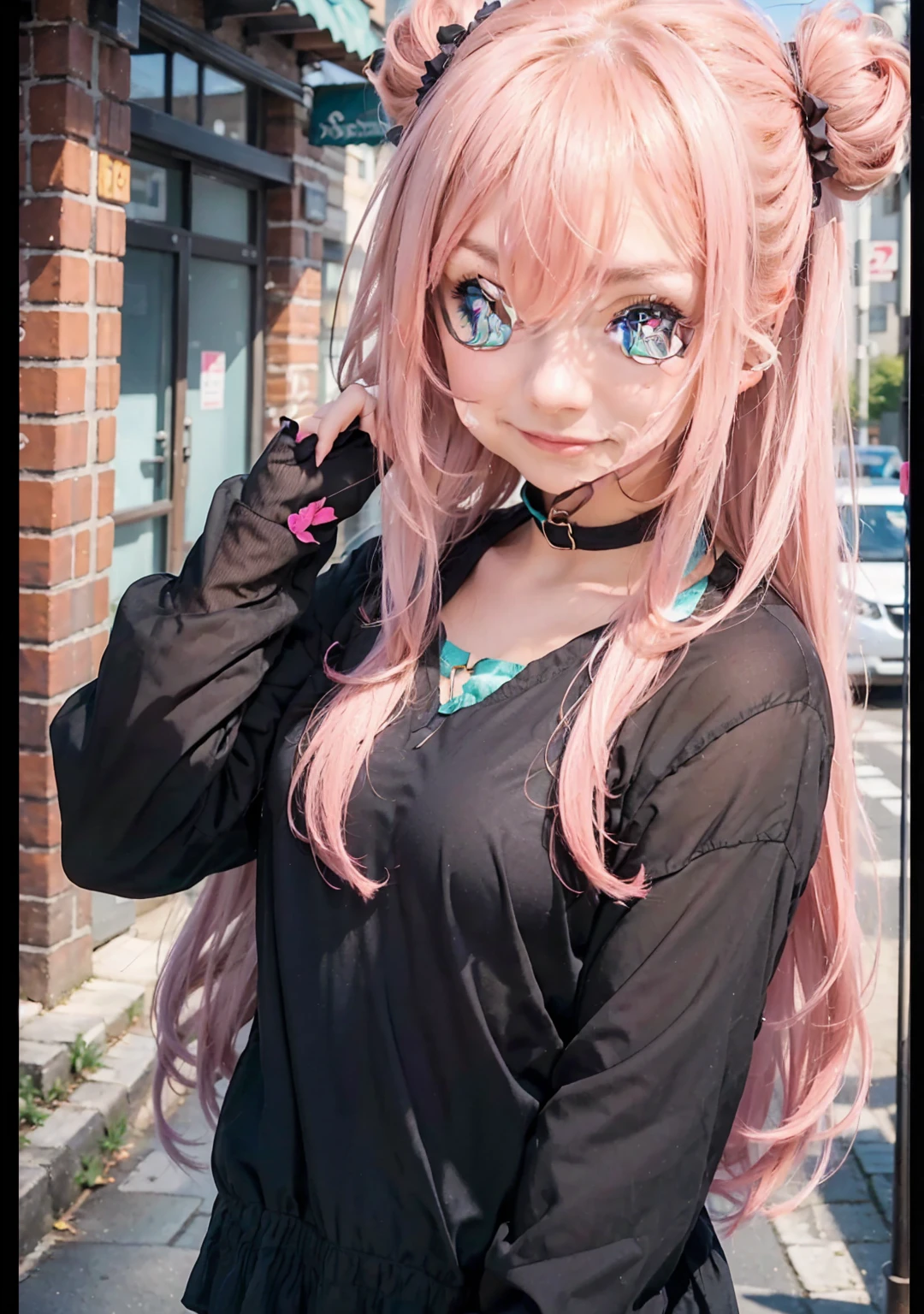 1 fille, Solo, Résolution Haute, Cheveux Longs, Seins, Regardant le spectateur, Sourire, Rougi, Bouche Ouverte, Yeux bleus, Ruban, avec ecris en rose « pump and send » sur l’image
