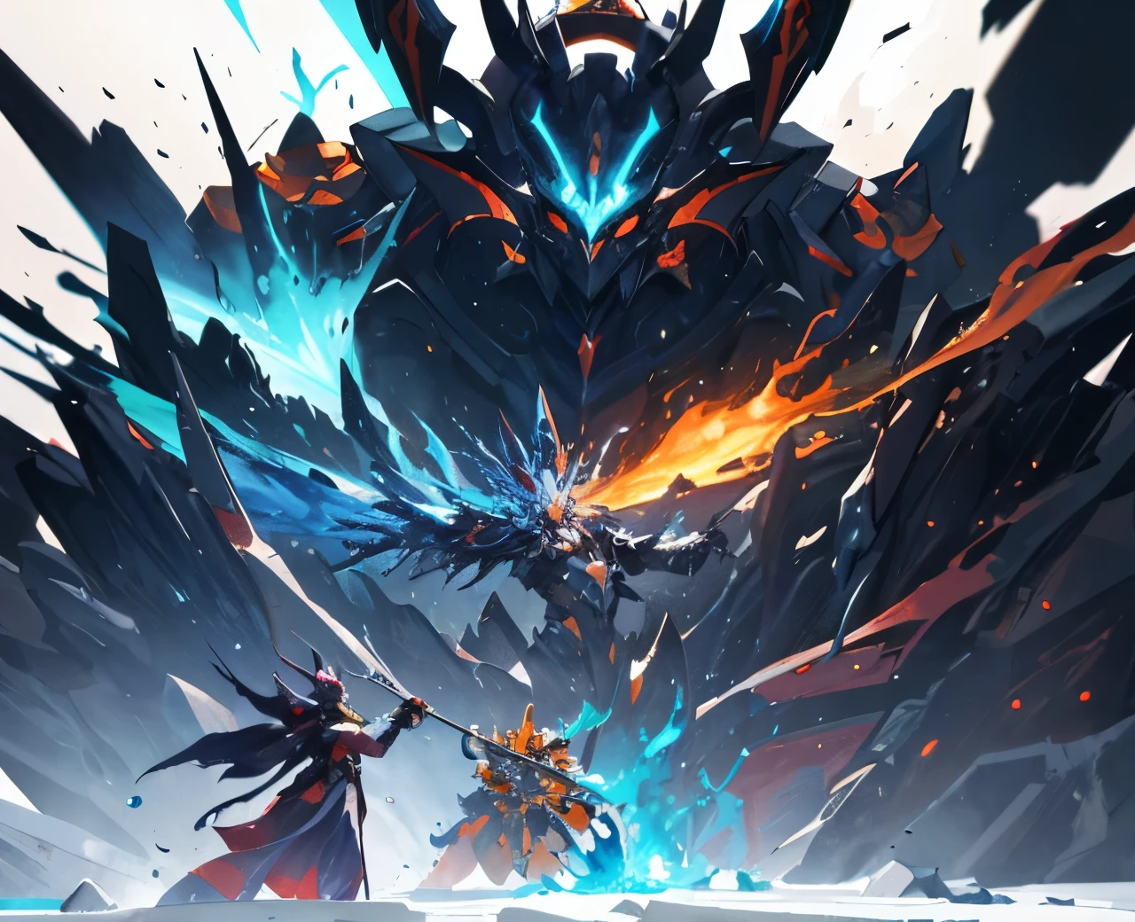 a close up of a cartoon character with a giant robot in the background, style of duelyst, gigantic, fantasy boss battle, planetary annihilation titans, epic boss battle, orange fire/blue ice duality!, intense battle, boss battle, by Lisa Nankivil, wrath flame and ruin, epic boss fight, wizard fighting a golem, stylized art