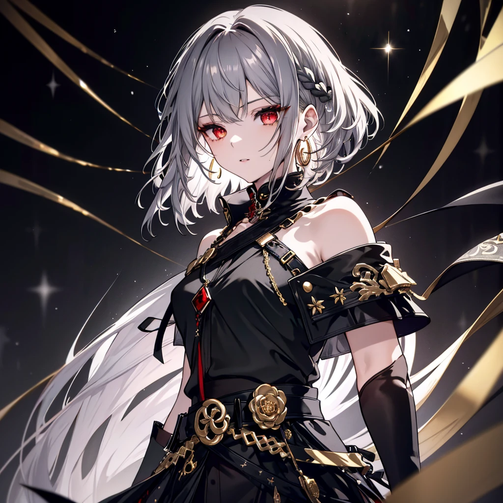 8k,High resolution RAW color art,Highest quality;1:2. Anime Art,Silver Marble Skin, (((Very detailed and cool))), Detailed skin, Bokeh、texture,(Exquisitely crafted, The finer details, Ultra-detailed art), (((1 girl))), Depth of written boundary, Silky Touch, Hyper Detail, (((Cool face))), eye shadow、Armed women, Beautiful detailed red eyes, Beautiful lip detail, Highly detailed face, Delicate depiction of hair and eyes, Detailed Fashion, Golden Earrings,Full body depiction, Black half top、Shoulder Bare、Black shorts、Waist Cloak、black tights、Golden decoration, Grey Hair, Golden bracelet, Straight Hair、Short Hair、(((Hair)))、Calm background、(((Black theme)))、snow、Side view、Crouch、look up
