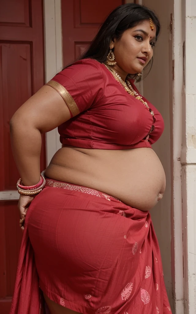 A indian.plus size bhabhi wearing blue skirt and red blouse, she has big belly wide hips, big buttocks , fat legs