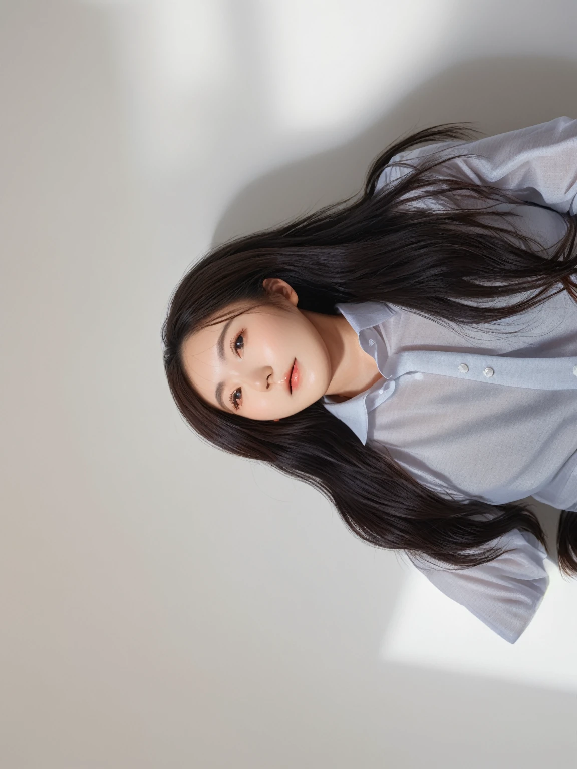 Best Quality, 8k, Masterpiece, (Portrait: 1.3), (photo realistic:1.4), (hyper realistic:1.4), Sharp Focus, looking at viewer, (smoother lighting:1.1), (increase cinematic lighting quality:0.9), realistic lighting, backlighting, light on face, ray trace, (brightening light:1.2), (Increase quality:1.4), sharp detail, (best quality real texture skin:1.4), finely detailed eyes, black_eyes, finely detailed face, 25 year old Korean woman, (white formal_shirt:1.4), (Create an image maintaining the original base model hairstyle:1.5)