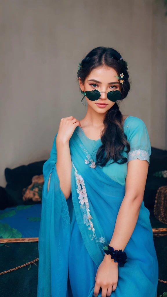 a beautiful girl, extremely detailed eyes and face, long eyelashes, beautiful detailed lips, intricate flower crown, flowers in hair, natural background, lush green foliage, sunlight filtering through leaves, vibrant colors, cinematic lighting, fantasy, ethereal, whimsical, dreamlike, high quality, 8k, photorealistic, masterpiece, vivid colors, professional digital art