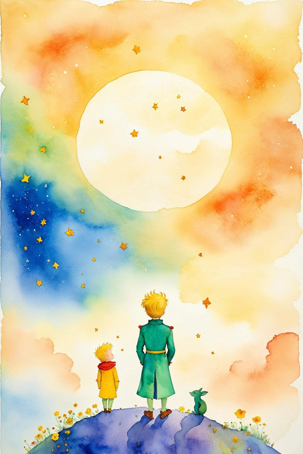 Oil painting and watercolor,"The Little Prince's Starry Night" In this sea of stars,A pair of gentle hands caressing the moon,Just like protecting delicate life,The Little Prince talks to the stars and the moon with his sincere heart. The moonlight blooms in his palm,Awakening from a dream,Leading us into a warm and mysterious world. Every breath of the little prince is filled with curiosity and desire for the unknown world.,The stars around him are as mysterious and dazzling as his inner world.. At this point,The Little Prince resonates with the moon and stars,Play an eternal heart song. The little prince's delicate rose looked at him with its head tilted,