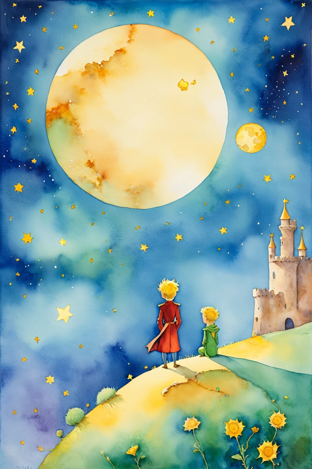 Oil painting and watercolor,"The Little Prince's Starry Night" In this sea of stars,A pair of gentle hands caressing the moon,Just like protecting delicate life,The Little Prince talks to the stars and the moon with his sincere heart. The moonlight blooms in his palm,Awakening from a dream,Leading us into a warm and mysterious world. Every breath of the little prince is filled with curiosity and desire for the unknown world.,The stars around him are as mysterious and dazzling as his inner world.. At this point,The Little Prince resonates with the moon and stars,Play an eternal heart song. The little prince's delicate rose looked at him with its head tilted,