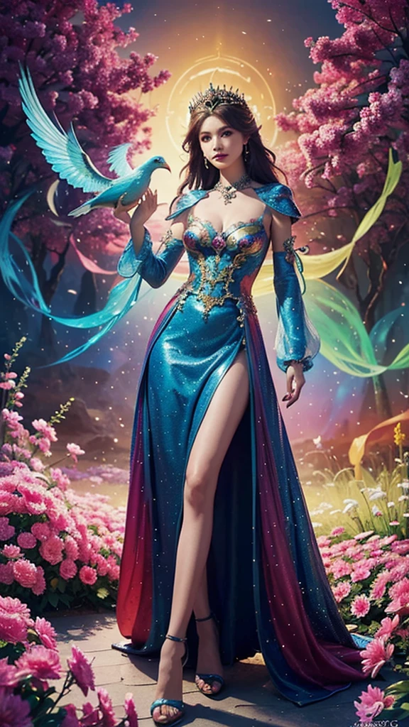 a woman in a colorful dress holding a large bird, 8k high quality detailed art, a beautiful fantasy empress, detailed digital, , 4k highly detailed digital art, detailed fantasy digital art, colorfull digital fantasy art, detailed painting 4 k, 2. 5 d  fantasy artwork, fantasy illustration, beautiful digital artwork,FULL HD,16K