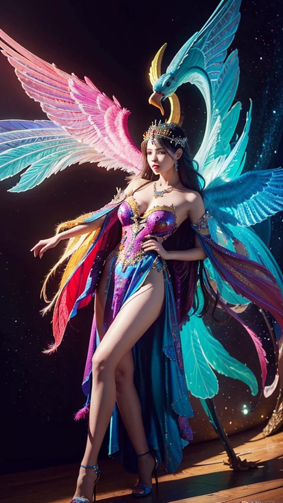a woman in a colorful dress holding a large bird, 8k high quality detailed art, a beautiful fantasy empress, detailed digital, , 4k highly detailed digital art, detailed fantasy digital art, colorfull digital fantasy art, detailed painting 4 k, 2. 5 d fantasy artwork, fantasy illustration, beautiful digital artwork,FULL HD,16K
