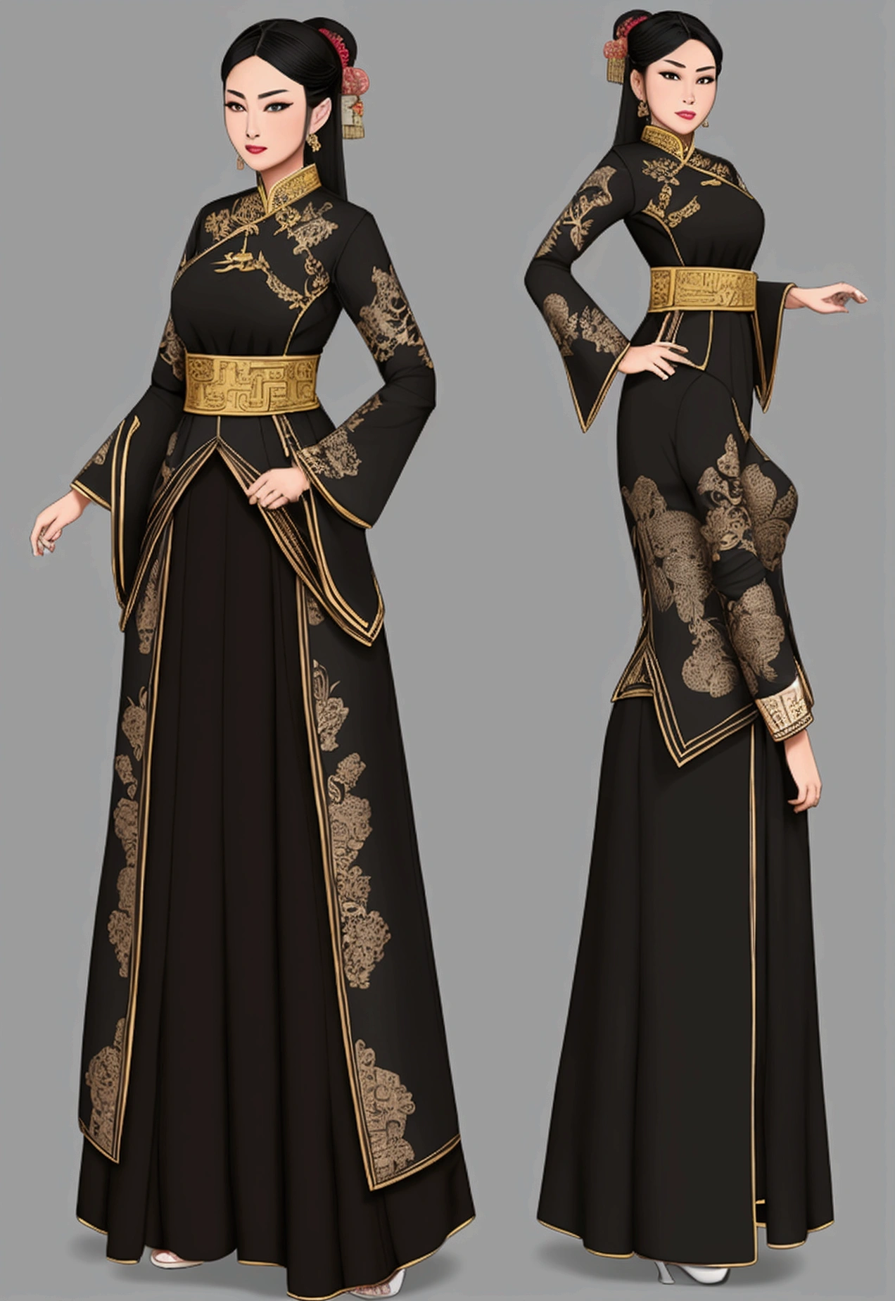 Create a practical yet refined outfit for commoners in a society inspired by ancient Chinese with Malaysia Kebaya clothing influences. The clothing should be made from durable, comfortable materials and feature simple yet elegant designs. Utilize shades of black and incorporate triangular motifs in the patterns and embroidery. The outfit should blend the functionality of chinese workwear with the flowing lines of Malaysia Kebaya attire. Accessories should be minimal but functional, such as sashes, simple jewelry, and headbands. The overall look should reflect the commoners' respect for strength and honor, while being suitable for daily activities. reference sheet, character chart, three sided view, high details, high quality, highres, anatomically correct