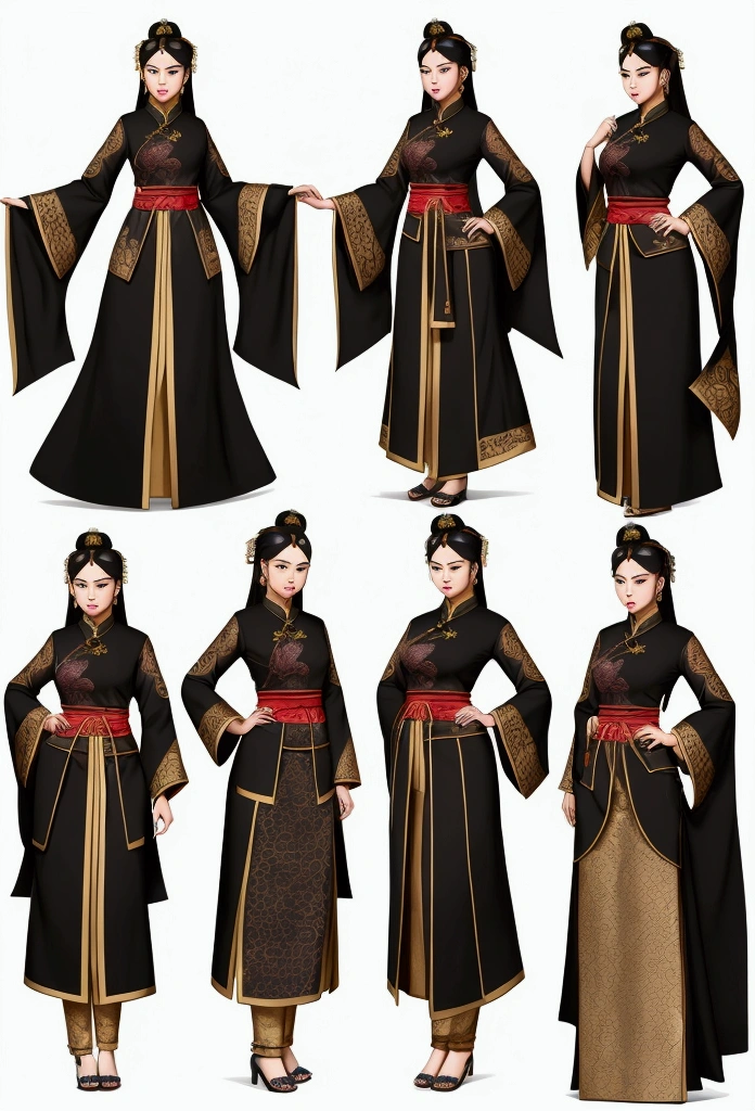 Create a practical yet refined outfit for commoners in a society inspired by ancient Chinese with Malaysia Kebaya clothing influences. The clothing should be made from durable, comfortable materials and feature simple yet elegant designs. Utilize shades of black and incorporate triangular motifs in the patterns and embroidery. The outfit should blend the functionality of chinese workwear with the flowing lines of Malaysia Kebaya attire. Accessories should be minimal but functional, such as sashes, simple jewelry, and headbands. The overall look should reflect the commoners' respect for strength and honor, while being suitable for daily activities. reference sheet, character chart, three sided view, high details, high quality, highres, anatomically correct