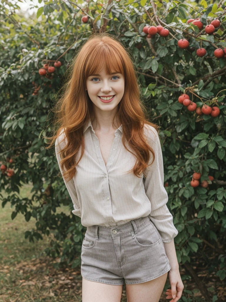 her name is Anna Maria Schmidt, high quality, mature, ((white pale skin)), 1girl, ((20-year-old fit Caucasian woman)), ((20 years old)), ((fit)), ((ginger hair with bangs)), pose: standing, wearing stylish (((light-grey blouse and shorts))), BACKGROUND: Rows of vines or fruit trees create a lush and organized backgroun, ugly smiling, standing, loose waves