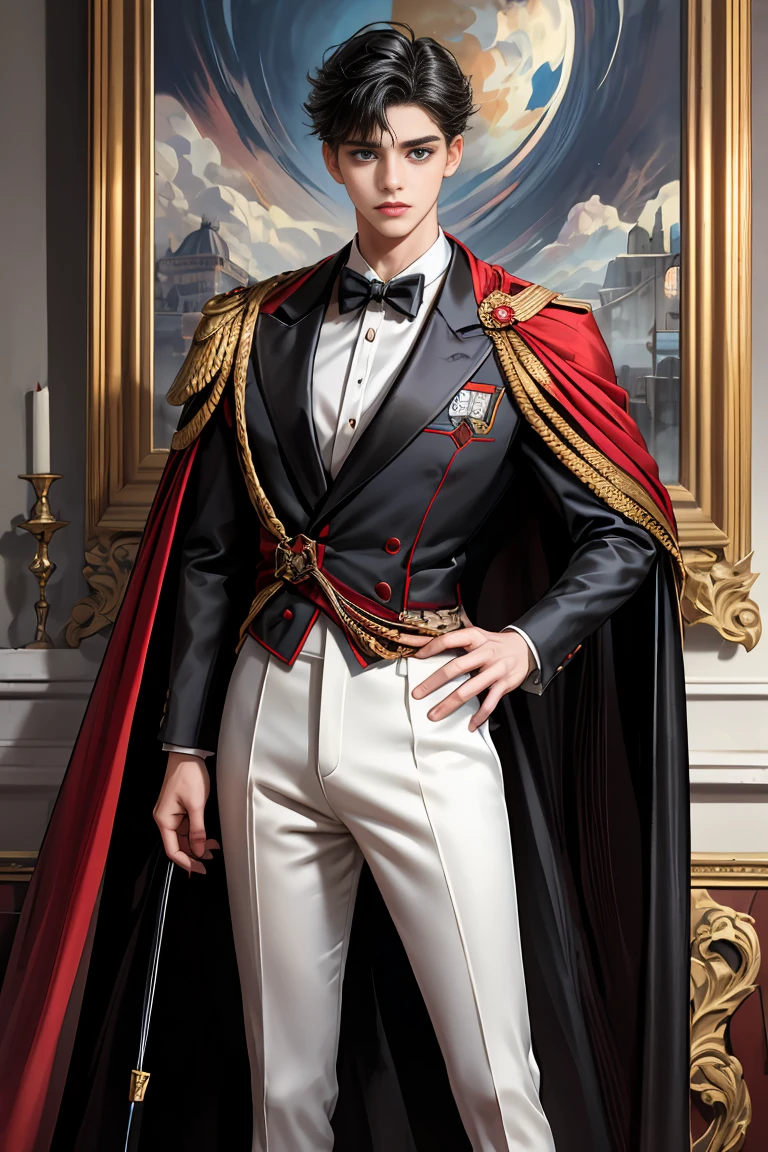 
masterpiece, 最high quality, high quality, 1 boy, alone, Male focus, Watching the audience,  Messy black hair, Adorable big blue eyes, White, Noble, Noble,A black and red cape that is bursting with sexy volume、Tuxedo、A very voluminous, large, very large, very large, long, long red and black cape with a high stand-up collar, made of a lot of fabric that reaches down to the floor., ,Cute beautiful boys,Cute, cute, kind, handsome guy