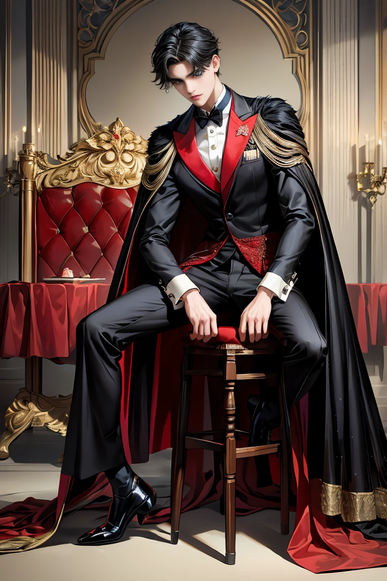 
masterpiece, 最high quality, high quality, 1 boy, alone, Male focus, Watching the audience,  Messy black hair, Adorable big blue eyes, White, Noble, Noble,A black and red cape that is bursting with sexy volume、Tuxedo、A very voluminous, large, very large, very large, long, long red and black cape with a high stand-up collar, made of a lot of fabric that reaches down to the floor., 17 years old,Cute beautiful boys,Cute, cute, kind, handsome guy