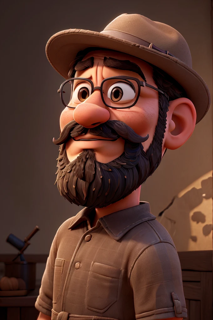 a man crossing his arms, wearing a hat and mustache, detailed portrait, intricate details, dramatic lighting, photorealistic, highly detailed, chiaroscuro, cinematic composition, warm color palette, ambient occlusion, volumetric lighting, sharp focus, 8k, masterpiece, award winning digital art