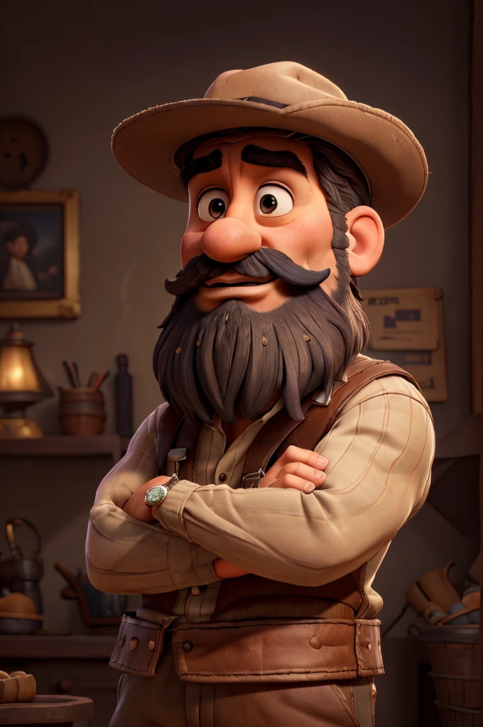 a man crossing his arms, wearing a hat and mustache, detailed portrait, intricate details, dramatic lighting, photorealistic, highly detailed, chiaroscuro, cinematic composition, warm color palette, ambient occlusion, volumetric lighting, sharp focus, 8k, masterpiece, award winning digital art