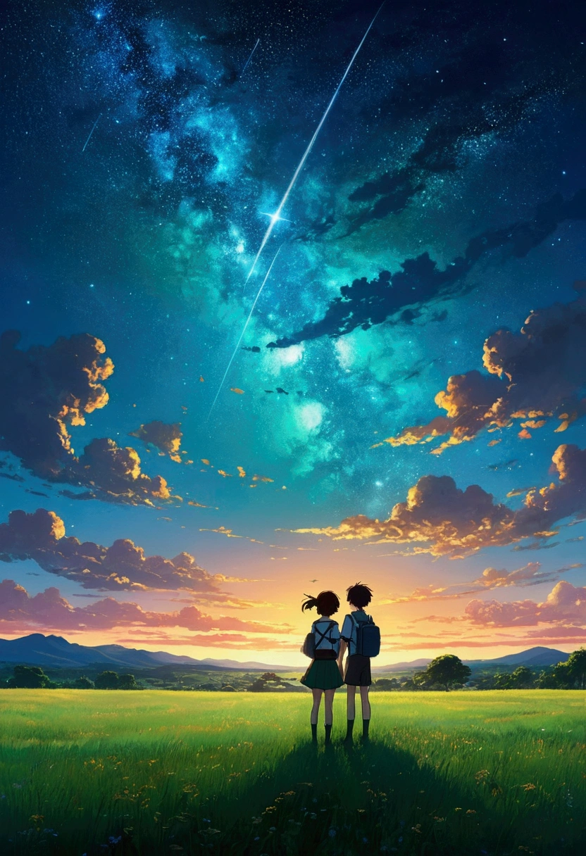 Shinkai Makoto animation style landscape, lush green field at dusk, two small high school students silhouetted in the background, bright turquoise sky and golden clouds, lots of shooting stars and starry night, fantastic atmosphere, fine grass in the foreground, distant trees on the horizon, dreamy romantic scene, high detail, vivid colors. high detail, vivid colors, Shinkai Makoto style