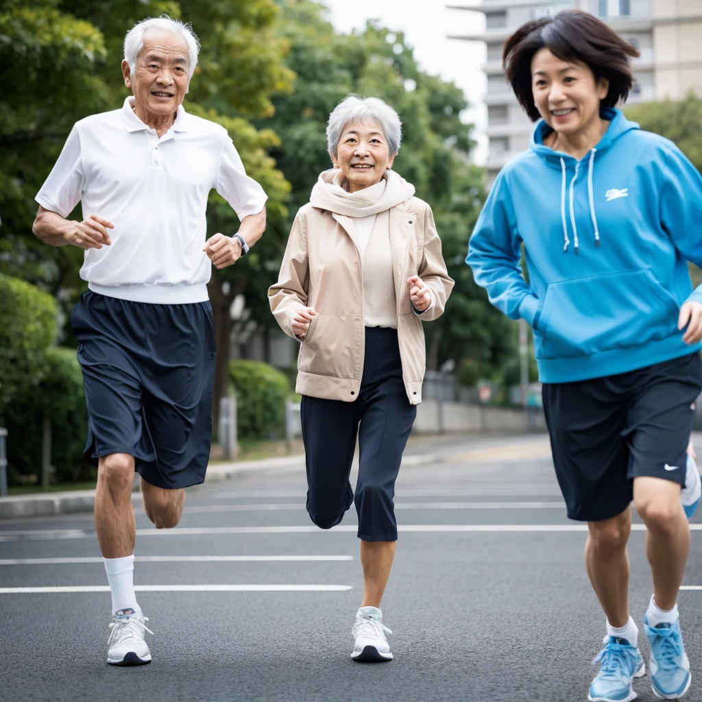 Japanese elderly women and men running、by 2 person