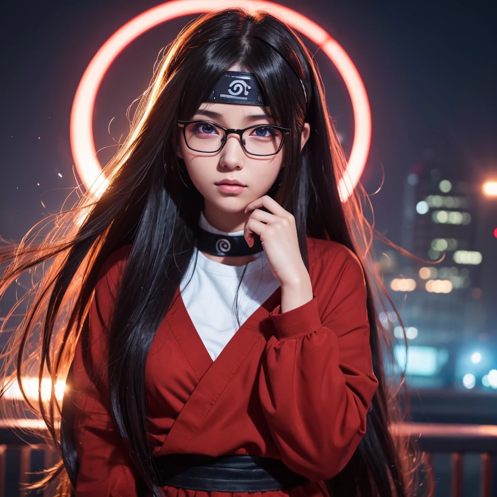 anime girl with glasses and long hair, anime visual of a cute girl, anime style. 8k, pin on anime, anime vibes, anime style 4 k, anime moe artstyle, anime aesthetic, anime girl desktop background, anime visuals, anime girl with real hair, ethereal anime, anime girl with long hair, beautiful anime portrait , anime , naruto, naruto anime, Sharingan background, at night, dark , Sharingan , Wearing Naruto's headband