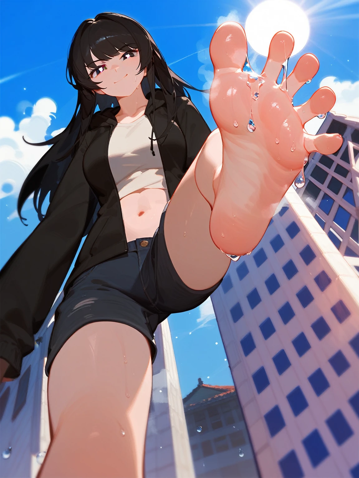 wallpaper, best quality, Very detailed, masterpiece, Extremely detailed, illustration, Sky,Foot Focus, Smirk, Bangs,齐Bangs, barefoot,Stinky feet,Steam around feet,Water dripping from the soles of feet,Water dripping from the soles of feet,The soles of your feet sweat a lot,Sweatshirt,Denim shorts,big sister,Mature,30 years old,Very high,Black pupil