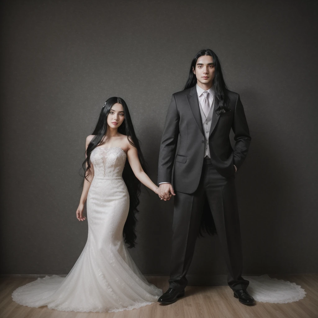 A man with long shoulder-length black hair and a beautiful woman with long black hair are having wedding, both wearing wedding attire, standing side by side and holding hands.
