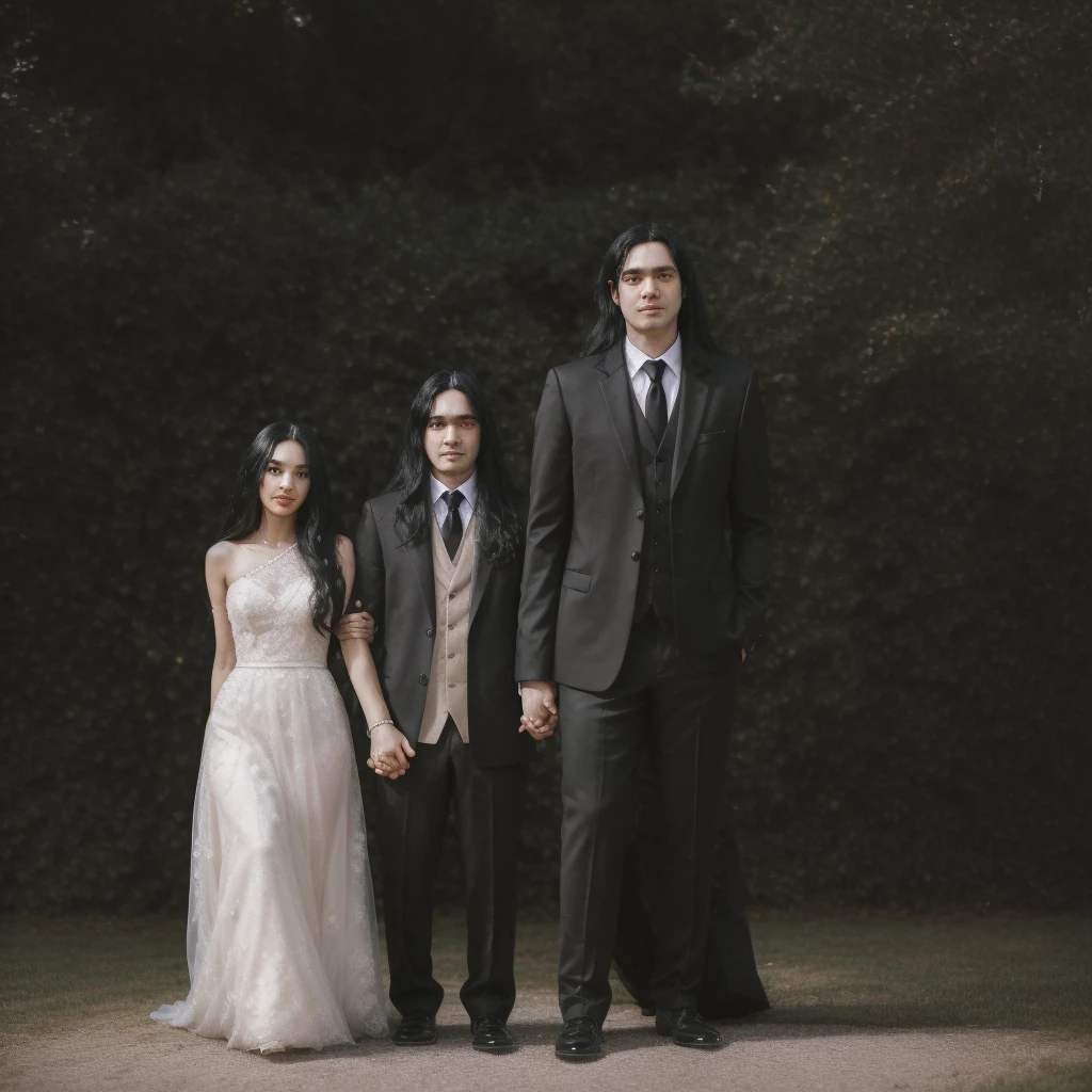 A man with long shoulder-length black hair and a beautiful woman with long black hair are having wedding, both wearing wedding attire, standing side by side and holding hands.