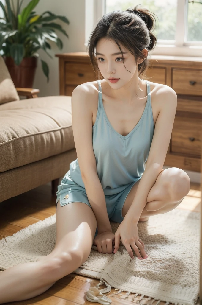 (((best quality))),(((ultra detailed))),(((masterpiece))),illustration,1girl,beautiful,summer afternoon,living room,sanctuary of tranquility,beautiful girl,fitness,grace,hair tied back,casual ponytail,effortless elegance,light blue yoga tank top,matching shorts,youthful radiance,enchanting,inspiring,sits on treadmill,body drenched in perspiration,sweat,dedication,inner strength,determination,composed,focused,eyes,lush potted plant,greenery,life,vitality,soft sunlight,warm patches of light,wooden floor,fragrant cookies,cozy ambiance,attire,functional,fashionable,comfort,flexibility,slender figure,curves,lightweight material,unrestricted movement,sneakers,feet,grip,treadmill's belt,propel,forward,serene expression,slight smile,lips,focused on horizon,visualizing goals,dreams,radiant beauty, comfortable clothing,determined spirit,captivating,inspiring image,essence of summertime fitness,self-care