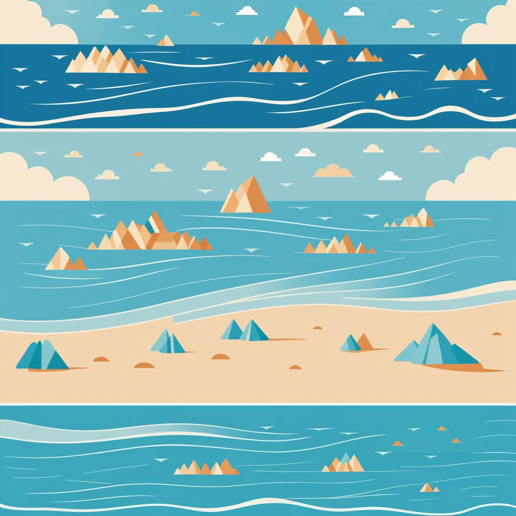 create an illustration of a sea landscape with different shades of blue ((ilustration style)) (( kidish style)) ((vectors))