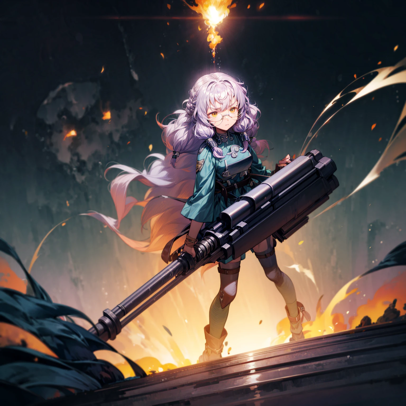 1girl, 1character, gold eyes, long Curly haircut, lavender color hair, army style clothing, white glasses, Long socks, boots army,  full iron armor, bandage on hand, Grassroots, background in fire city street, motion blur, (one piece style art), Big robot gun in hand, smoke effect, aura effect, Fire, lighting fire, plasma effect, fire city, (high angle view, full body view version, angry eyes)