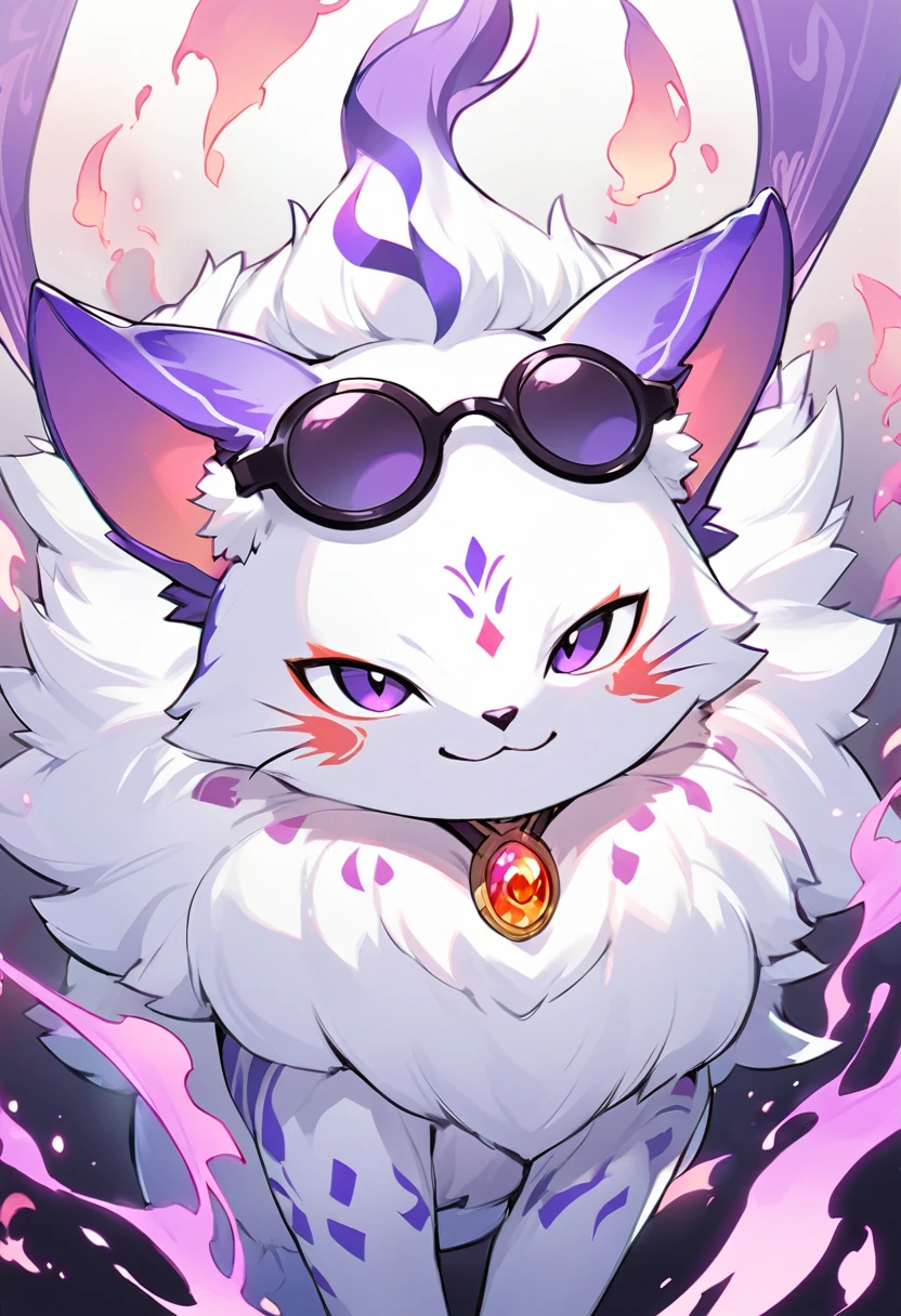 Kato - 400 y.o. familiar. Kato is a familiar - magical animal, that can use magic for his own protection and safety. He represents himself in a vision of a small white cat with fluffy fur and a slight purple colour around it, usually wearing round black sunglasses and smirking to anyone who could see him. His powers shows in ability to cast a special kind of cursed flames, coloured in purple. 