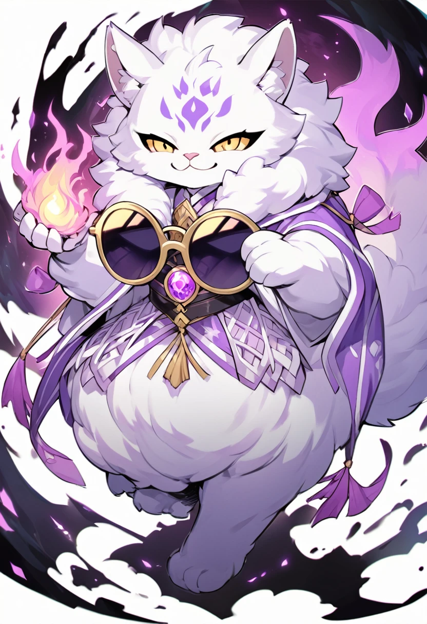 Kato - 400 y.o. familiar. Kato is a familiar - magical animal, that can use magic for his own protection and safety. He represents himself in a vision of a small white cat with fluffy fur and a slight purple colour around it, usually wearing round black sunglasses and smirking to anyone who could see him. His powers shows in ability to cast a special kind of cursed flames, coloured in purple. 