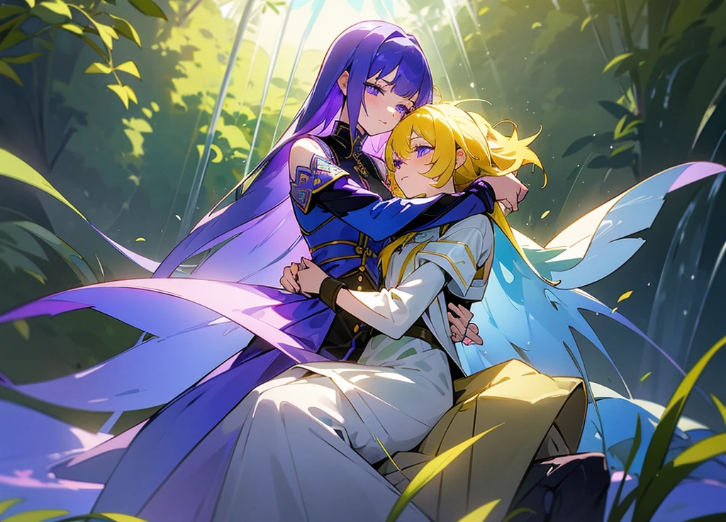 Two girls touching lips，A girl with purple hair，Transparent purple eyes，Another girl with yellow hair，Clear blue eyes，Medieval Lolita Style Clothing，Sit and hug，Look at each other affectionately，Cool，Violet，iris，Sunshine，Surrounded by greenery，Transparent stream flowing，Tyndall effect，Light up the fire，starlight：1.8，Clear shape，Detailed description of appearance：Perfect beautiful clear appearance，Normal human body，Transparent green，Light color strokes，softbrush：1.8，suspended congress, vaginale, anal, is ,is focus, is grab, standing, hug, leg lock, breast press,straddling,arms around neck, lifting person