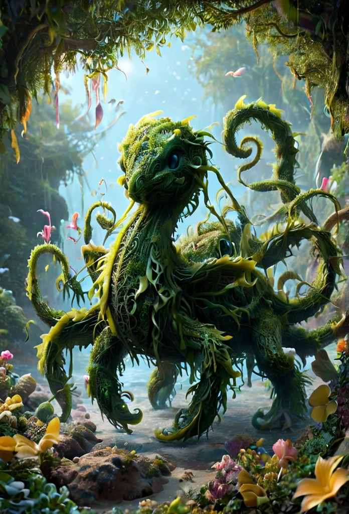 illustrious, Darling, kraken hatchling, dancing on leaves and flower petals made of g1h3r, grsw and covered in fractal vines, intricate details, colorful, magical, realism, hyperrealistic, fractalvines, 