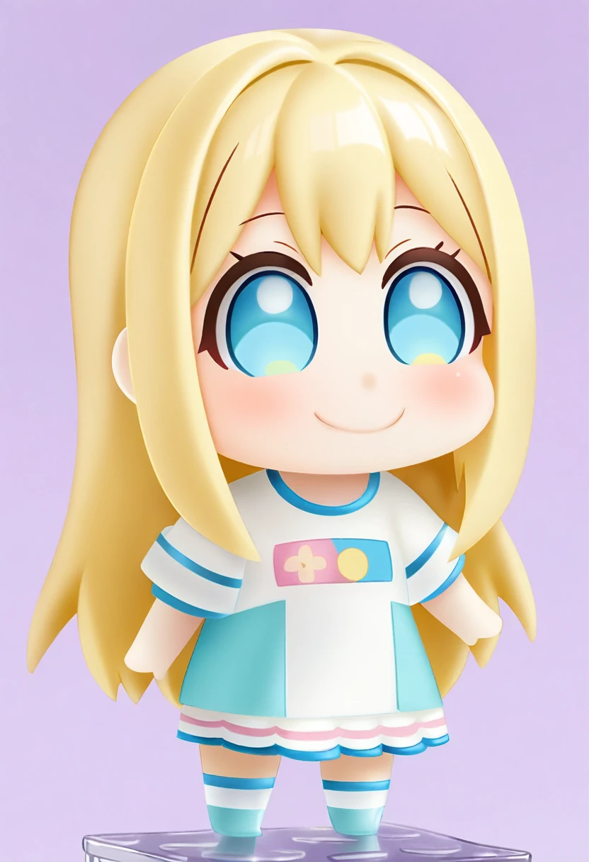 1girl, blonde hair, one length hair, blue eyes, shirt, skirt, room, masterpiece, best quality, absurdres, cowboy shot, anime style, nendoroid-inspired, chibi, super-deformed, oversized head, tiny body, stubby limbs, round face, large expressive eyes, small nose and mouth, simplified details, kawaii, cute, pastel colors, soft shading, matte finish, rounded edges, no joints visible, toy-like appearance, playful pose, cheerful expression, slight blush, simple background, 2D art, SD character, figurine-like, chibi proportions
