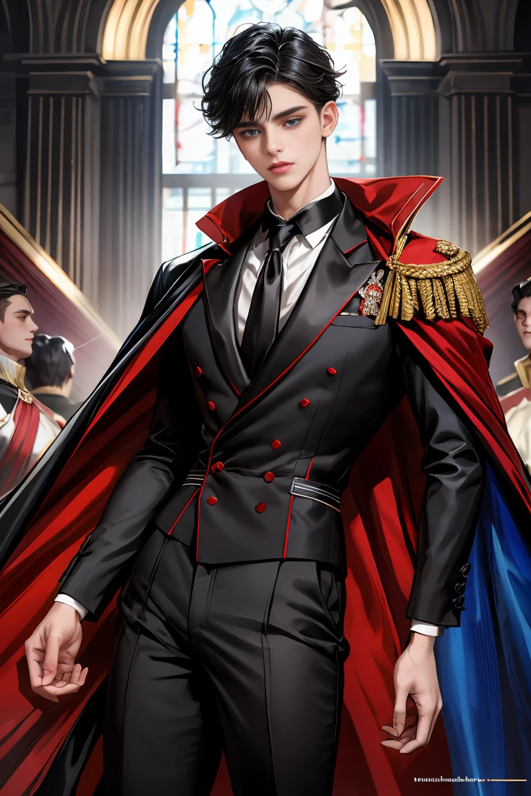 
masterpiece, 最high quality, high quality, 1 boy, alone, Male focus, Watching the audience,  Messy black hair, Adorable big blue eyes, White, Noble, Noble,A black and red cape that is bursting with sexy volume、Tuxedo、A very voluminous, large, very large, very large, long, long red and black cape with a high stand-up collar, made of a lot of fabric that reaches down to the floor., ,Cute beautiful boys,Cute, cute, kind, handsome guy