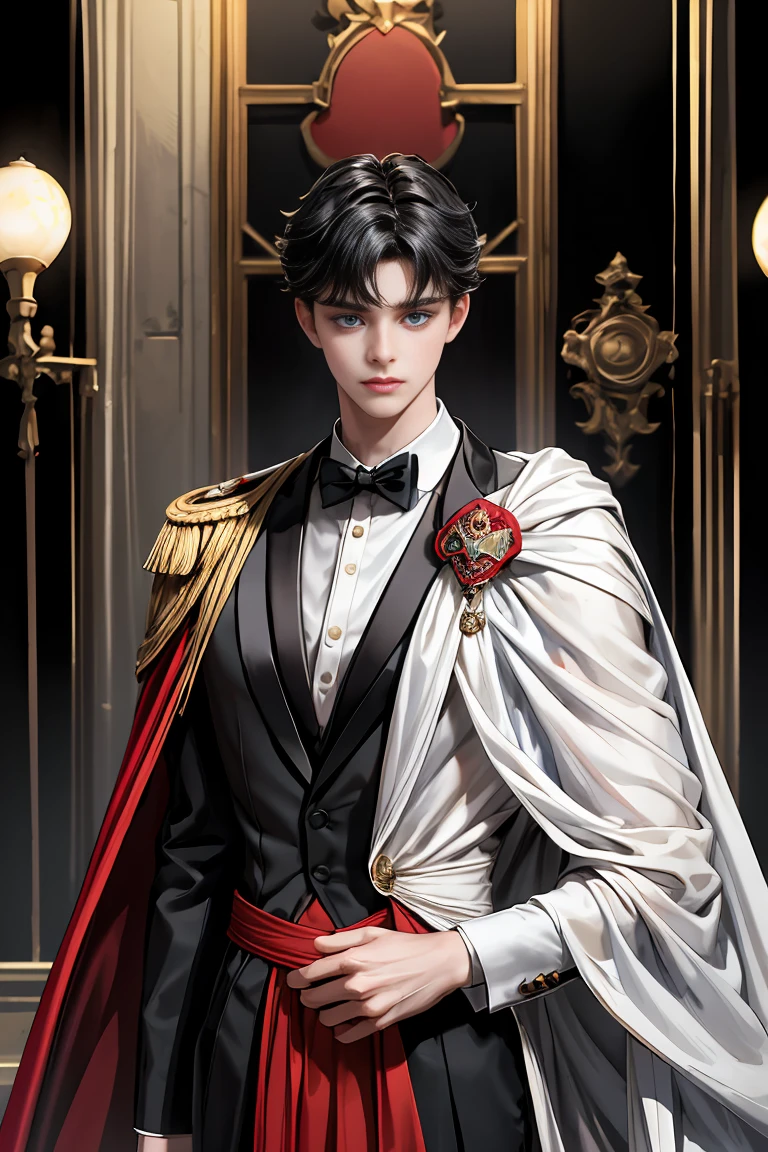 masterpiece, 最high quality, high quality, 1 boy, alone, Male focus, Watching the audience, Messy black hair, Adorable big blue eyes, White, Noble, Noble,A black and red cape that is bursting with sexy volume、Tuxedo、A very voluminous, large, very large, very large, long, long red and black cape with a high stand-up collar, made of a lot of fabric that reaches down to the floor., 17 years old,Cute beautiful boys,Cute, cute, kind, handsome guy