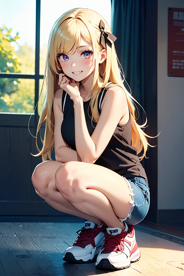 ((1 girl)), Grin, Latest Fashion Trends, (Hairpins in the bangs), younger sister, sneakers, Denim shorts, Black Pantyhose, かわいいyounger sister, ((squat)),((Very detailed,Highest quality, High resolution, 8k wallpaper, Beautiful clothes,)),((blonde, Long Hair,Straight hair)), blush , (Crimson Eyes),eye shadow, eyeliner,Glow Eye, Very detailedな目, Beautiful Eyes, 14-year-old girl, Accurate anatomy