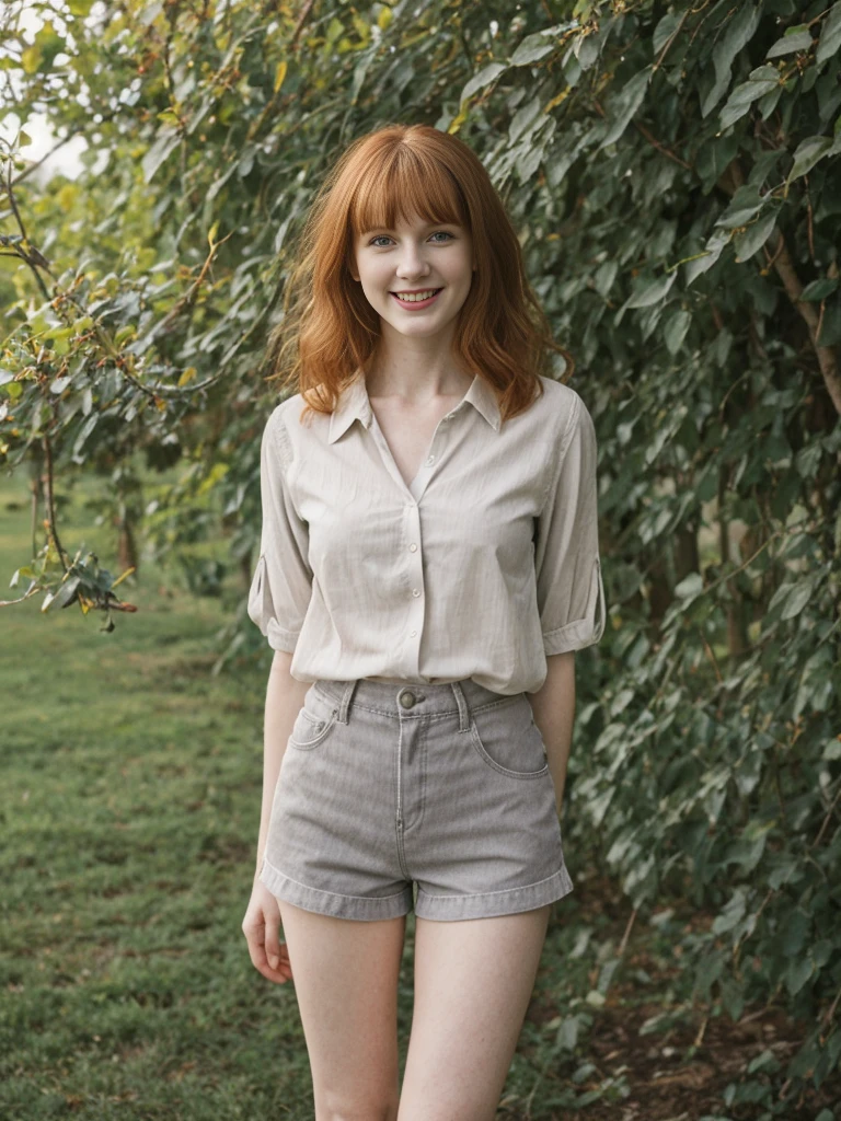 her name is Anna Maria Schmidt, high quality, ((mature)), ((white pale skin)), 1girl, ((20-year-old fit Caucasian woman)), ((20 years old)), ((fit)), ((ginger hair with bangs)), pose: standing, wearing stylish (((light-grey blouse and shorts))), BACKGROUND: Rows of vines or fruit trees create a lush and organized backgroun, ugly smiling, standing, loose waves