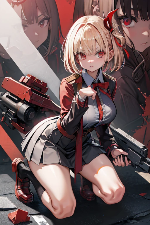 1girl,bismarck, a woman in a iron_black_elysium outfit standing in front of a bar counter, ribbon_on_chest, holding a note and a pen, black gloves, looking at viewer, blonde hair, off shoulder, parted lips, red eyes, sidelocks, sitting, skindentation, smile, solo, SFW,  detailed eyes, (masterpiece:1.4),(best quality:1.4),(shiny skin),realistic, detailed eyes,   <lora:newbismarckv3-000010:1>