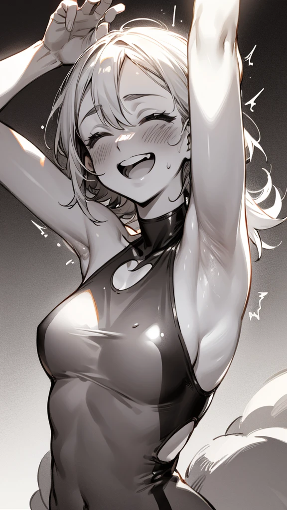 Armpits, woman in swimsuit, open mouth, laughing, blushing, tickled, excited, spread-eagled, ????? visible through the skin, hands touching armpits