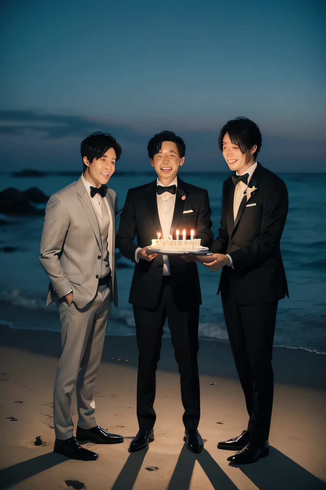 3 men, holding birthday cake, Japan, Tuxedo, beach at night