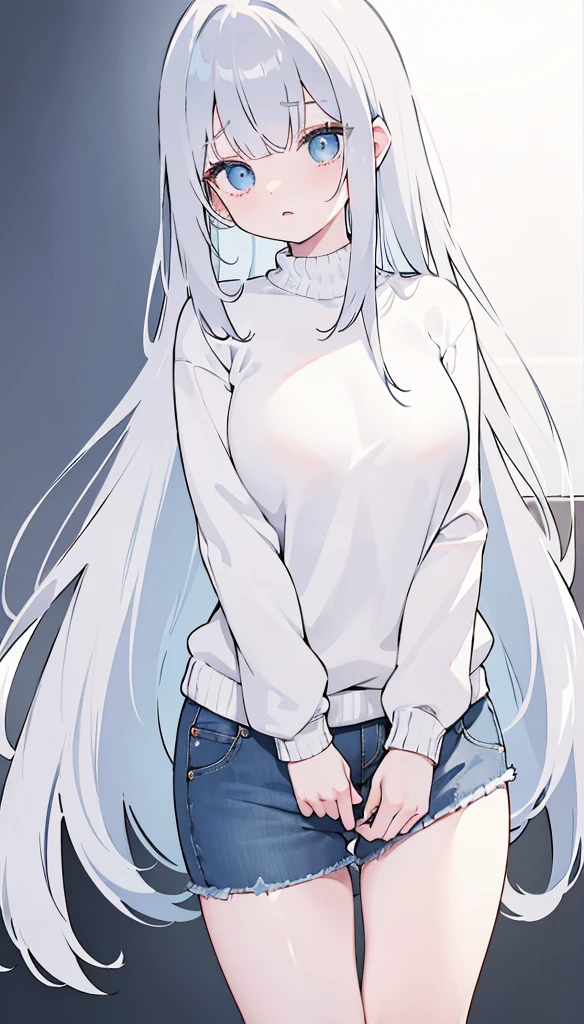 (long gray hair perfectly straight) long bangs covering right eye (beautiful blue eyes) Right eye behind bangs (big fat breasts) wearing a short sweater (the bottom of the sweater is just above the chest) The bottom of the flesh of the round, plump breasts is visible (wearing blue jeans shorts is perfect) Bare thighs wearing loose white socks short to the ankles) whining expression (hands down pose) (empty white background) Picture pose visible from bottom to top of head (beautiful bare thighs) 