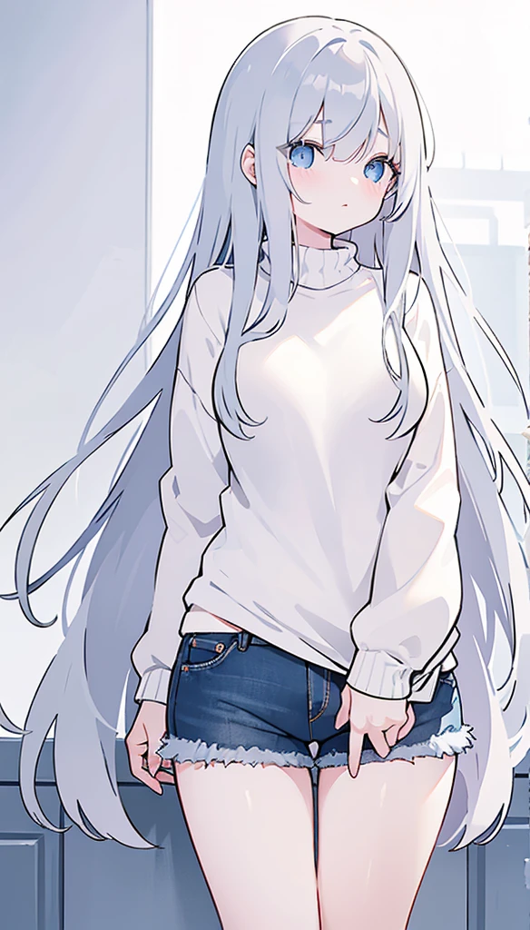 (long gray hair perfectly straight) long bangs covering right eye (beautiful blue eyes) Right eye behind bangs (big fat breasts) wearing a short sweater (the bottom of the sweater is just above the chest) The bottom of the flesh of the round, plump breasts is visible (wearing blue jeans shorts is perfect) Bare thighs wearing loose white socks short to the ankles) whining expression (hands down pose) (empty white background) Picture pose visible from bottom to top of head (beautiful bare thighs) 
