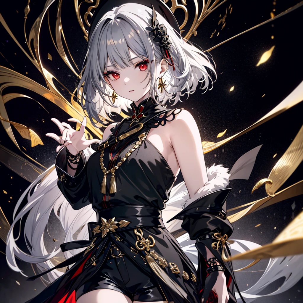 8k,High resolution RAW color art,Highest quality;1:2. Anime Art,Silver Marble Skin, (((Very detailed and cool))), Detailed skin, Bokeh、texture,(Exquisitely crafted, The finer details, Ultra-detailed art), (((1 girl))), Depth of written boundary, Silky Touch, Hyper Detail, (((Cool face))), eye shadow、Armed women, Beautiful detailed red eyes, Beautiful lip detail, Highly detailed face, Delicate depiction of hair and eyes, Detailed Fashion, Golden Earrings,Full body depiction, Black half top、Shoulder Bare、Black shorts、Waist Cloak、black tights、Golden decoration, Grey Hair, Golden bracelet, Straight Hair、Short Hair、(((Hair)))、Calm background、(((Black theme)))、snow、Side view、Crouch、look up