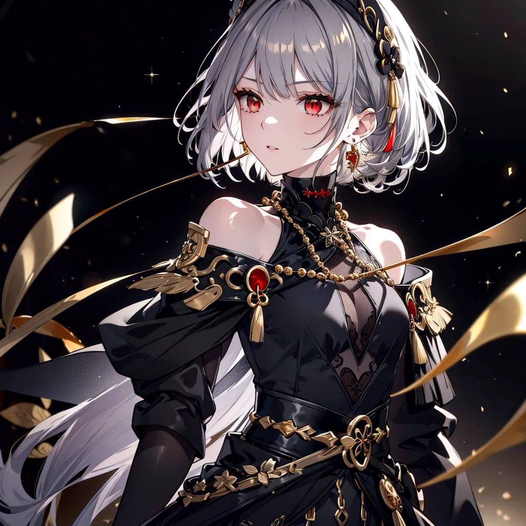 8k,High resolution RAW color art,Highest quality;1:2. Anime Art,Silver Marble Skin, (((Very detailed and cool))), Detailed skin, Bokeh、texture,(Exquisitely crafted, The finer details, Ultra-detailed art), (((1 girl))), Depth of written boundary, Silky Touch, Hyper Detail, (((Cool face))), eye shadow、Armed women, Beautiful detailed red eyes, Beautiful lip detail, Highly detailed face, Delicate depiction of hair and eyes, Detailed Fashion, Golden Earrings,Full body depiction, Black half top、Shoulder Bare、Black shorts、Waist Cloak、black tights、Golden decoration, Grey Hair, Golden bracelet, Straight Hair、Short Hair、(((Hair)))、Calm background、(((Black theme)))、snow、Side view、Crouch、look up