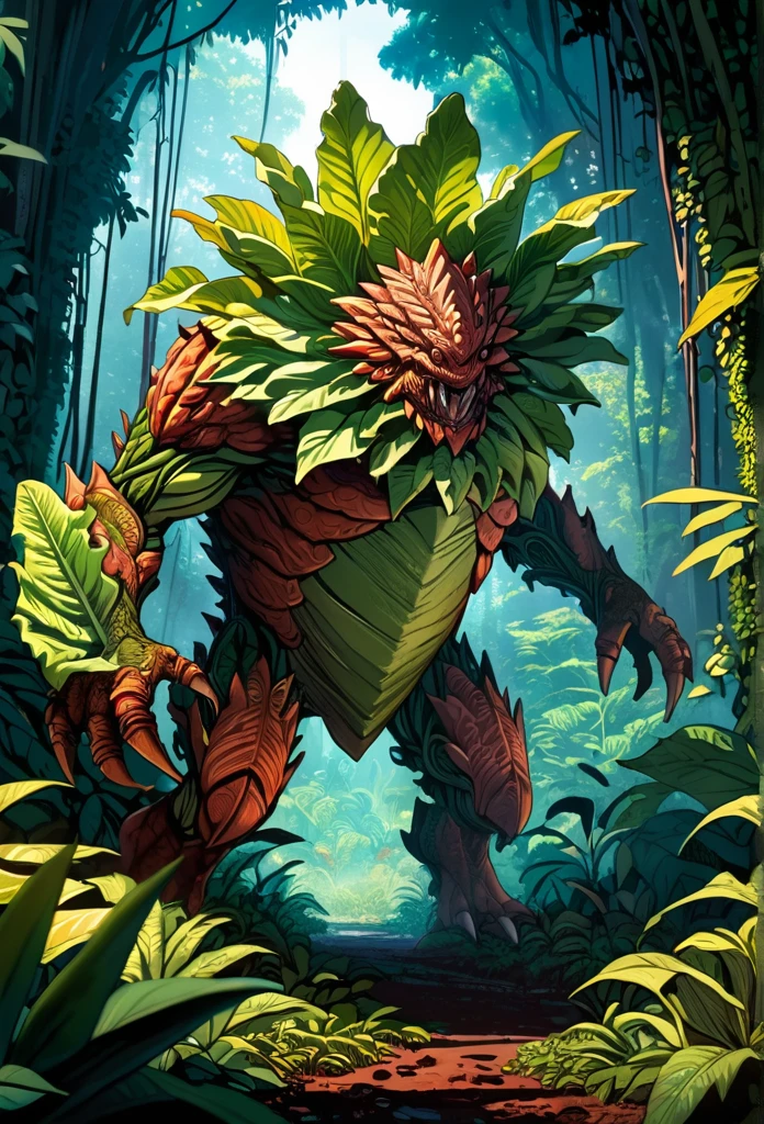 a photograph of a full body Lettuce monster, in the jungle, art by Ridley Scott, ultra highly detailed, cinematic, 32k, intricated, high quality, complex patterns, rust,