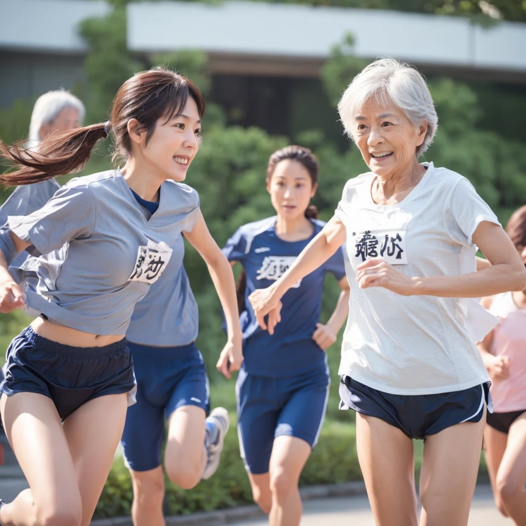 (High-quality depiction+Detailed Description)、Japanese elderly women and men running