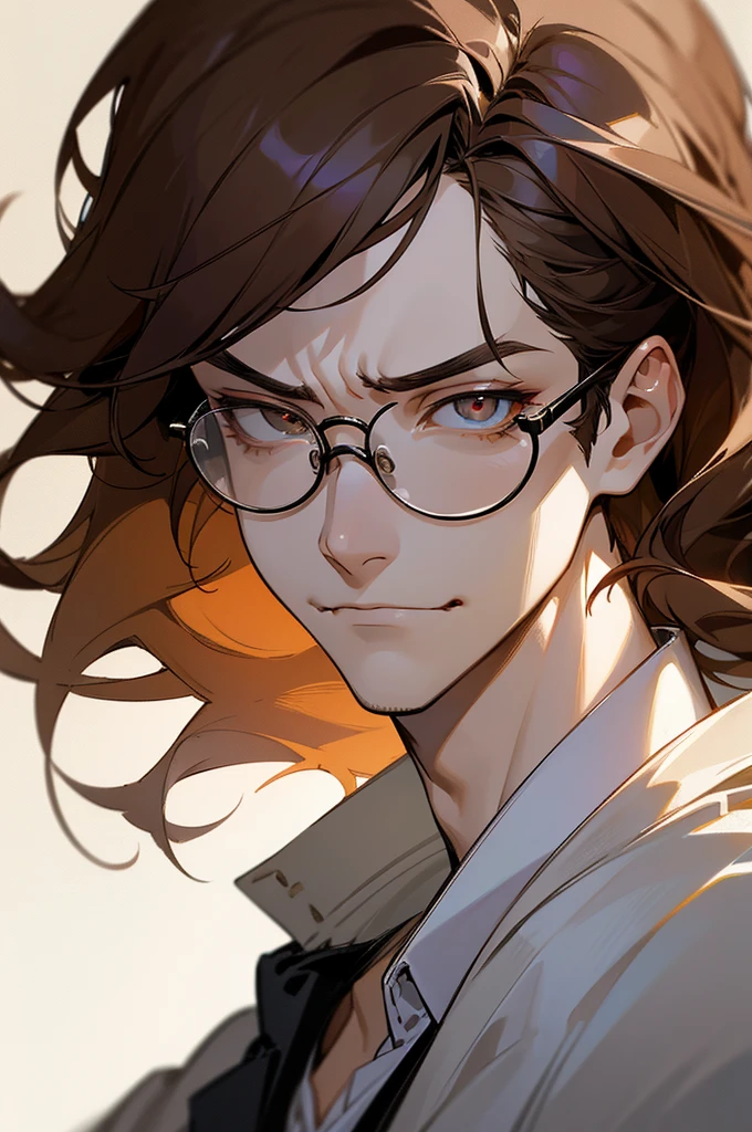 (tmasterpiece, high resolution, ultra - detailed:1.0), (1 male, masculine face), Perfect male body, tall and strong, Adult male, Delicate eyes and delicate face, Extremely detailed CG, Unity 8k wallpaper, Complicated details, Detailed face, (brown hair, messy hair, serious faces, white shirts,Bad students), (frown,evil smile:1.3), stad in school corridor, street style, color difference, Depth of field, dramatic shadow, Ray tracing, Best quality, Cinematic lighting, offcial art,Portrait, glasses, 
