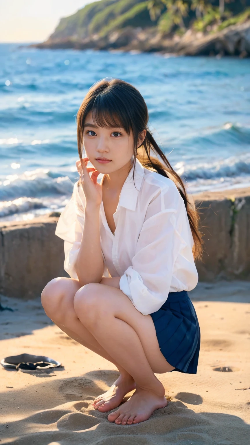 (((Top-down configuration:1.33)))、((No underwear:1.55))、One Girl、Beautiful and detailed eyes and face、barefoot、20 year old cute Japan woman, ((Extremely precise and accurate anatomy:1.0)), (photo Realistic:1.4), (hyper Realistic:1.4), (最高品質のRealisticな肌の質感:1.4), (Improvement of quality:1.4), (Enhances the beauty of skin texture:1.1), Clean and glowing skin, mesh, thin:1.2, (Realistic:1.3), Realisticなライティング, (Smoother lighting:1.05), (Improving the quality of cinema lighting:0.9), Backlight, A gentle light on your face, Ray Tracing, (Bright light:1.2), 32k, One Japanese woman, fine grain, Detailed face, (Film Grain:1.1),(Accentuates body lines:1.1), High resolution, Natural look, Kind eyes, Improves hair quality, Delicate light and shadow, Transparent muscles, Graceful pose, Beautiful Eyes, Sharp details, Soft light reflection, Beautiful contours, Delicate skin tone, Fine hair texture, Natural background, (((sunny day、Beach、A strong wind is blowing、Her hair and skirt are flying、Squat, Traditional navy blue sailor uniform、Open shirt、Pleated skirt、Scooping seawater with hands:1.25、splash、Sandy Beach、Light of the sun、clear blue sea、The waves crash quietly、Blue sky and white clouds、green mountain々、Beautiful Nature、The joys of youth)))、