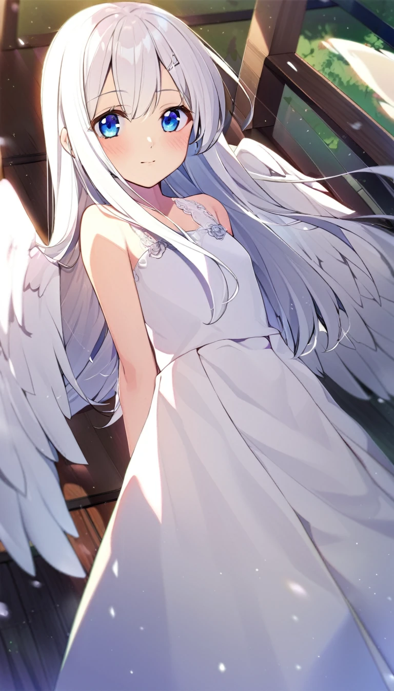 NSFW,masterpiece,Highest quality,High resolution,Very detailed,Girl,Silver Hair,long hair,Golden Eyes,Small breasts,Short height,Angel,wing,A dazzling long dress,gem,Decoration,In the forest at night,Lakeside,Starry Sky,Bad Smile,provoke